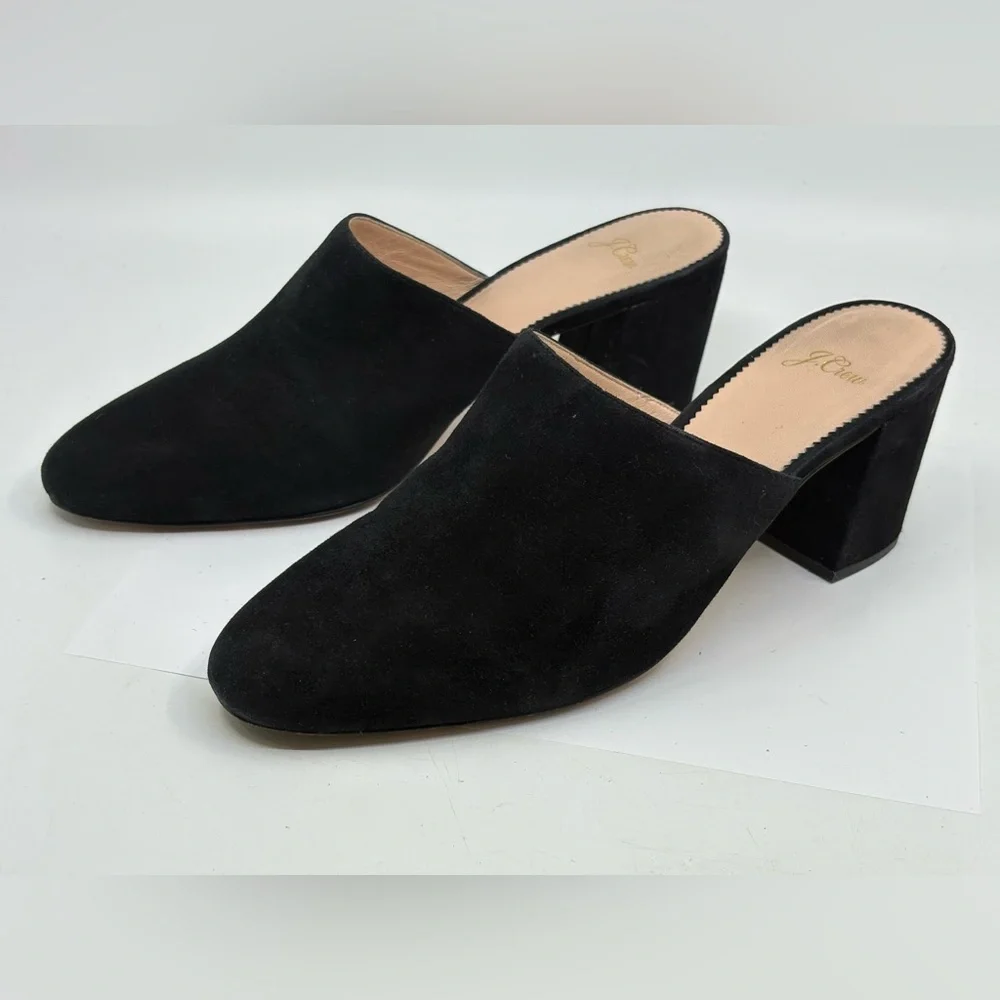 J.‎ Crew Mules Black Suede Leather Slide Block Heels Size 10.5 3” heels